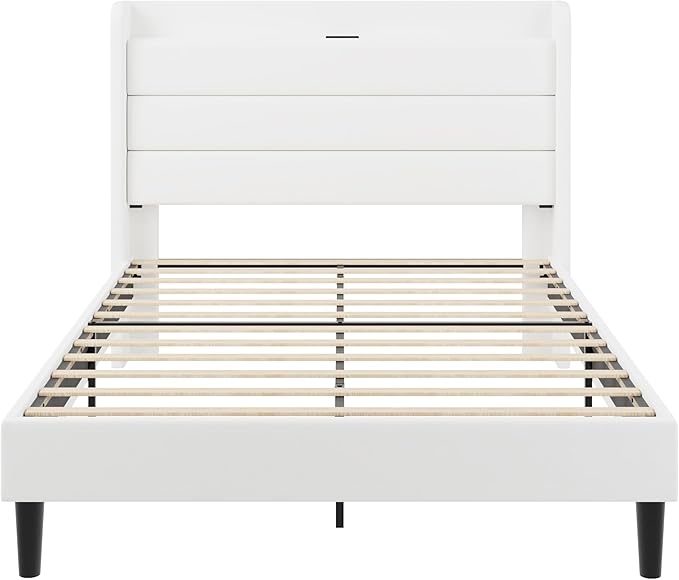 SHA CERLIN Queen Bed Frame with Charging Station, Velvet Upholstered Platform Bed, Wingback Storage Headboard, Type-C & USB Ports, Strong Wooden Slats, No Box Spring Needed, Easy Assembly, White