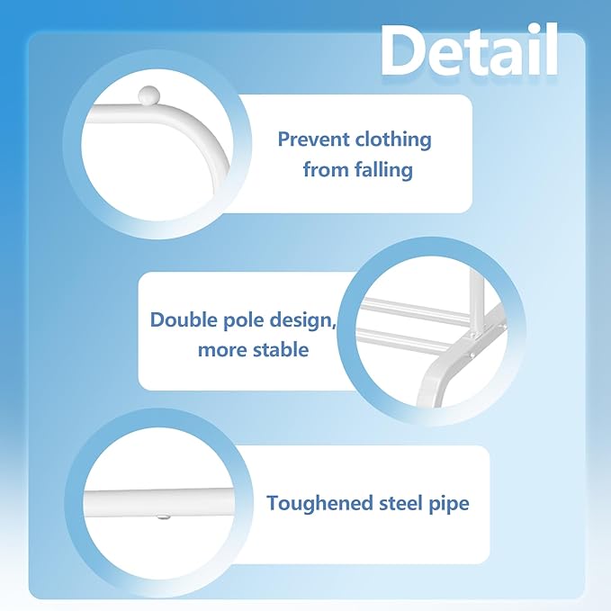 JIUYOTREE Metal Clothing Rack with Wheels, 43.3 Inches Rolling Clothes Garment Coat Rack with Bottom Shelf, Clothing Rack for Hanging Clothes, Coats, Skirts, Shirts, Sweaters, White