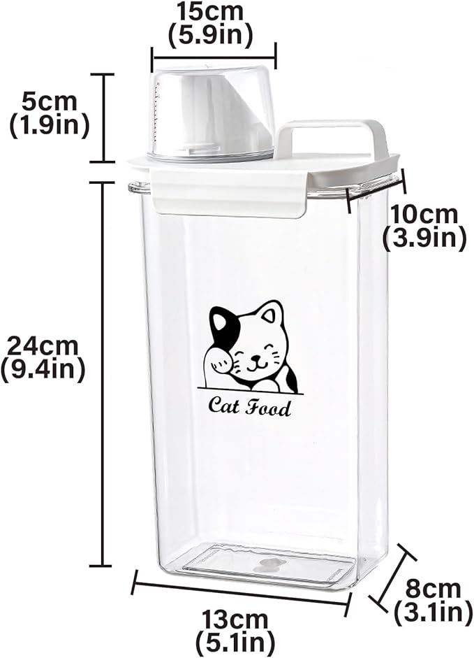 Cat Food Container 2.5L Clear Plastic Cat Food Storage 3 lbs Cat Food Portable Container with Pour Spout/Measuring Cup,Airtight Pet Food Dispenser Ideal for Travel,Camping,Picnic-BPA Free
