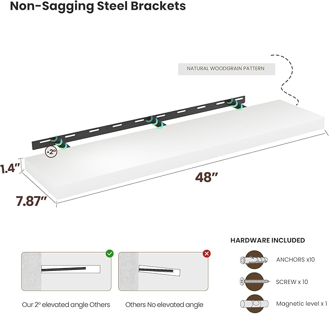 Vivelove Wooden Floating Shelves for Wall 48” x 8”x 1.4”, Solid Wood Shelf with Invisible Brackets, Deep Wall Shelves for Bathroom, LivingRoom, Kitchen, Bedroom, Modern Home Decor, Set of 1 - White