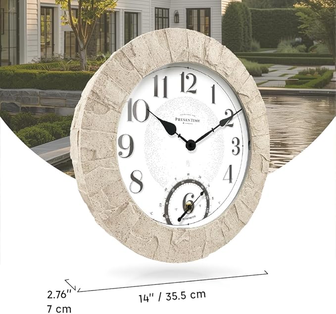 Presentime & Co 14" Illuminated in/Outdoor Clock with Smart Sensor and Night Light, Waterproof, Large Wall Clock with Thermometer & Hygrometer, for Garden and Patio - Coastal Sandstone Finish.