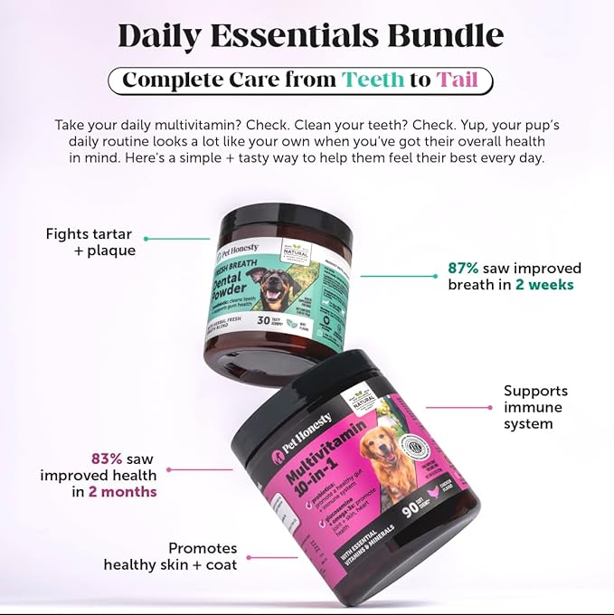 Dog Breath Freshener Dental Powder for Teeth Cleaning Plaque Off, Dental Care for Large Dogs, Tartar Remover for Teeth with Natural Herbal Blend + Postbiotics (Mint - 60 Servings)