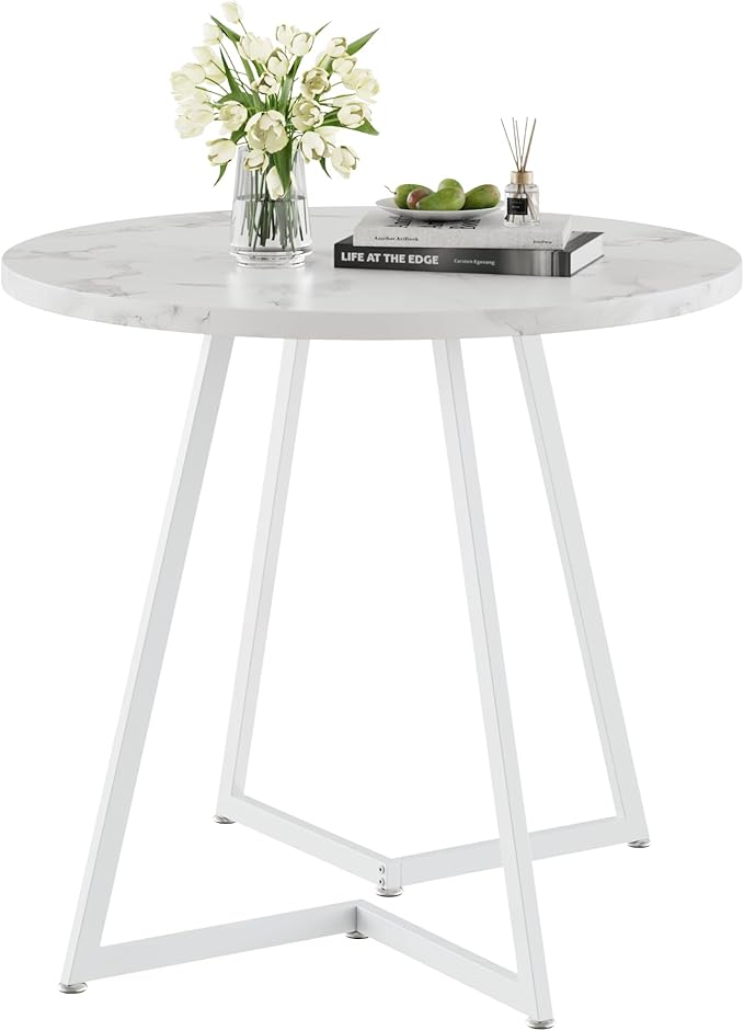 VECELO Round Dining Room Table with Wood Grain Tabletop and Steel Frame, for Kitchen, Living Room, Office, Conference, 2 to 4 Person, Fuax Marbled & White