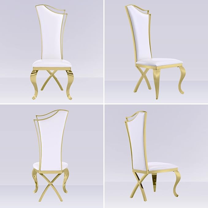 White and Gold Dining Chairs Set of 4, White PU Leather Dining Room Chair with Gold Polished Metal Legs, Glam Upholstered Kitchen Chairs for Dining Room, Kitchen, Living Room