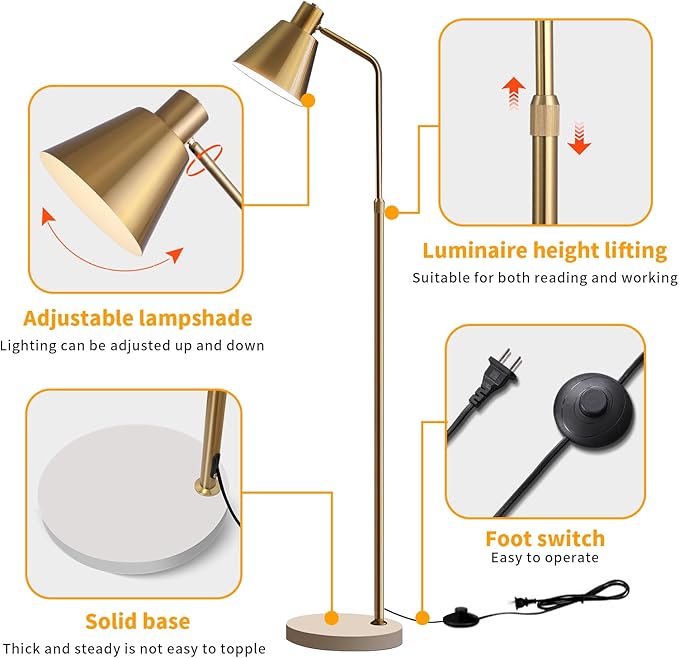 Gold Brass Industrial Floor Lamps with Bright 12W LED Bulb Adjustable 3 Colors, Living Room Sofa Corner Bedroom Bedside Office Study Reading Standing Tall Lights, Unique Modern Home Decor Essentials