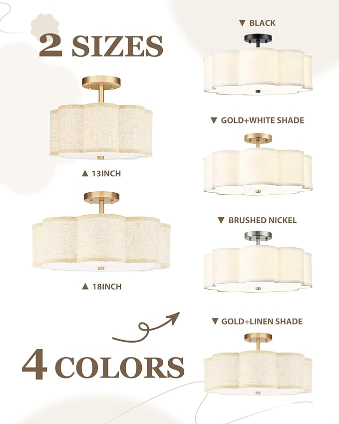 Gold Semi Flush Mount Ceiling Lights, 4-Light 18" Brass Light Fixtures Ceiling Mount with Linen Fabric Drum Shade in Flower Shape for Nursery Bedroom Kitchen Hallway, AD-22009-4SF-GD-B
