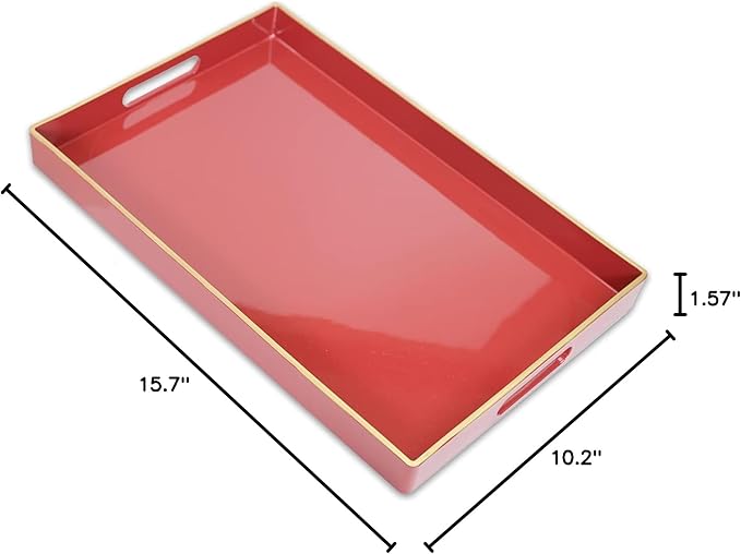 Red Decorative Coffee Table Tray, Rectangular Plastic Serving Tray with Handles for Living Room, Ottoman, Bathroom, 15.7"*10.2"