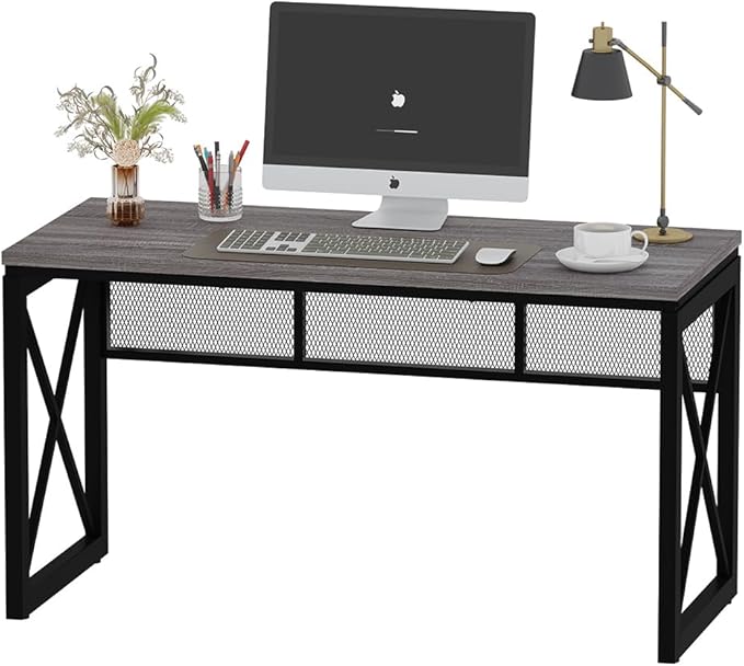 BON AUGURE Industrial Computer Desk, Rustic Wood Desks for Home Office, Sturdy Metal Writing Work Table (60 Inch, Dark Grey Oak)