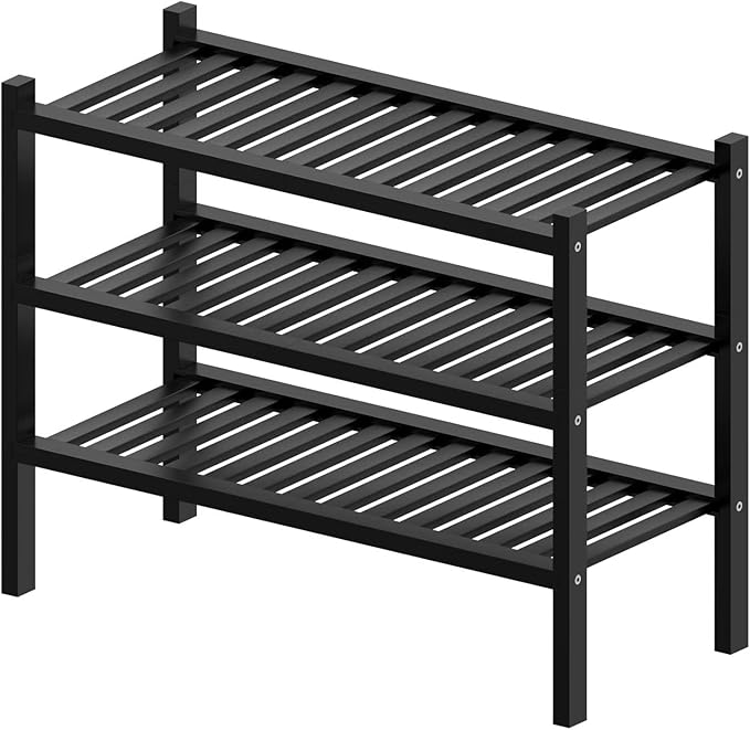 3 Tier (Thick) Bamboo Shoe Rack for Entryway, Small Wood Shoe Shelf Storage Organizer for Closet, Shoe Stand for Hallway, Stackable and Sturdy 27"x12"x21" Black