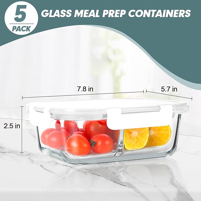 KOMUEE 30 oz 5 Pack Glass Meal Prep Containers 2 Compartments, Glass Food Storage Containers with Lids, Airtight Lunch Box, Microwave, Oven and Freezer Safe, White