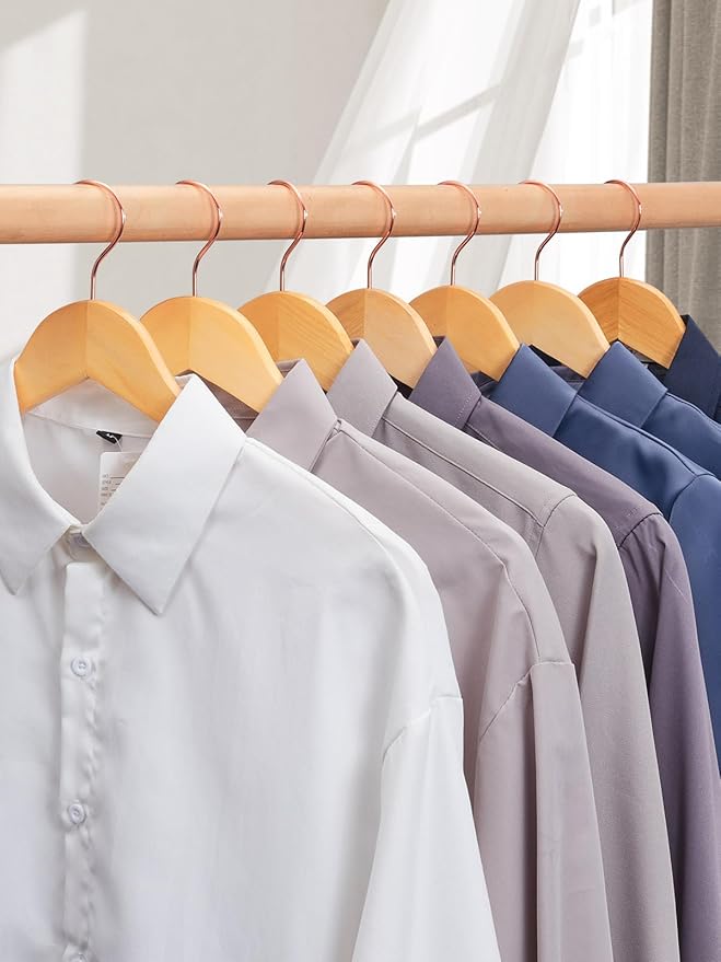 Smartor Wooden Hangers 10 Pack, Solid Wood Coat Hanger for Closet, Heavy Duty Wood Hangers for Suits, Shirts, Dresses, with 360° Rose Gold Hook, Non Slip Pant Bar, Natural