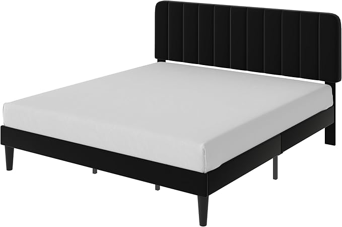 VECELO King Size Bed Frame with Upholstered Headboard, Velvet Platform Bedframe Mattress Foundation, Strong Wood Slat Support, No Box Spring Needed,Black