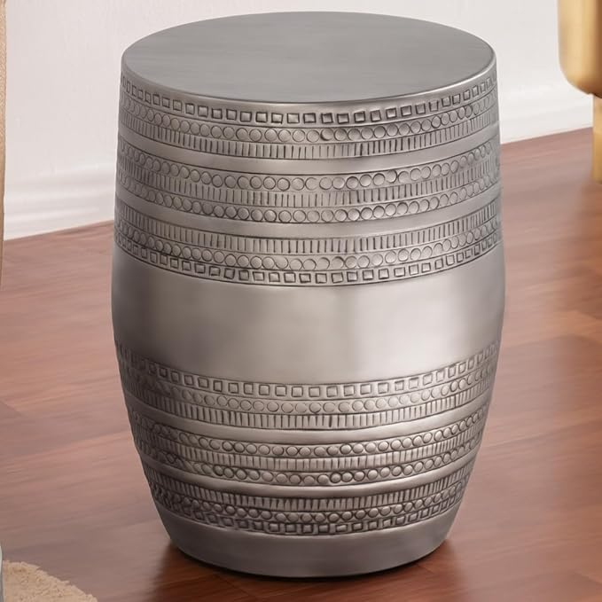 Modern Round Aluminum Hammered Embossed Texturing Metal End Table, Hand-Stamped Iron, Boho Accent Side Table, Drum Shaped, for The Living Room and Bedroom, Silver