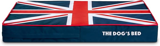 The Dog’s Bed Orthopedic Memory Foam Dog Bed, Medium Blue & Red Trim UK Center Flag 34x22, Pain Relief for Arthritis, Hip & Elbow Dysplasia, Post Surgery, Supportive, Calming, Waterproof Washable