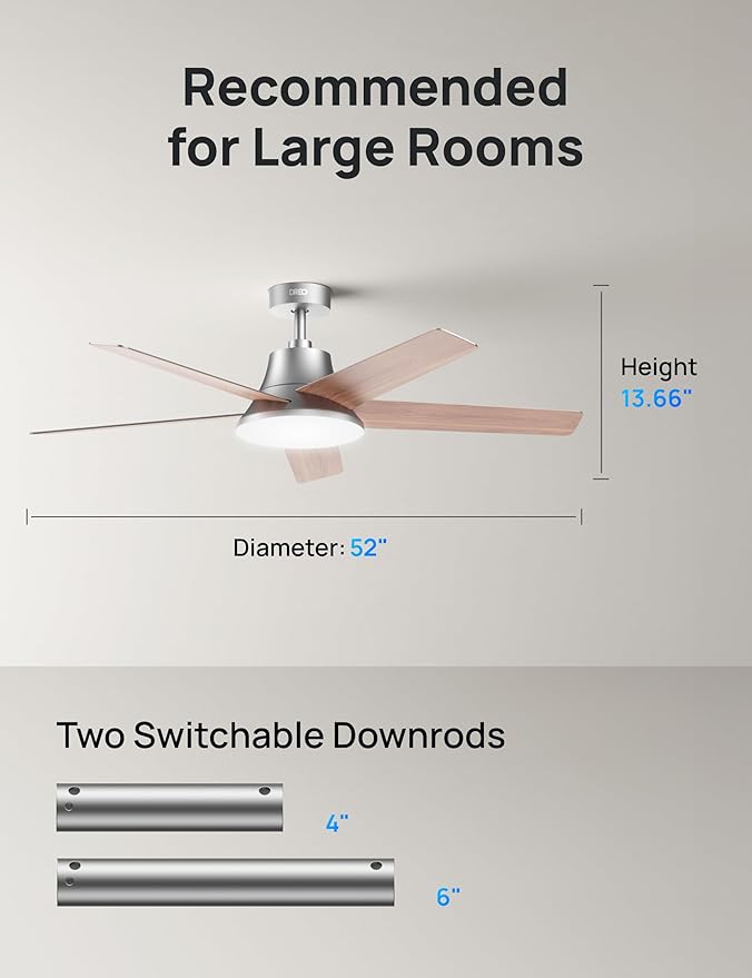 Dreo Ceiling Fans with Lights and Remote, 52 Inch, 6 Speeds, 5 Color Tones Dimmable LED, Quiet Reversible DC Motor, 8H Timer, Silver Ceiling Fan for Bedroom, Living Room, Easy to Install