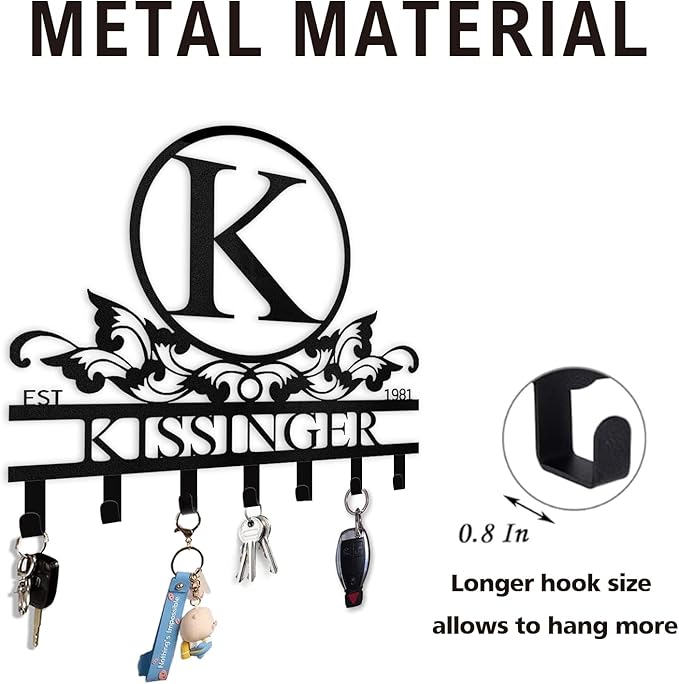 Personalized Key Holder Wall Mount - Custom Family Name Key Holder for Wall, Metal Key Rack Hook Organizer, Coat Rack, Key Hanger Wall Decor for Kitchen, Entryway, Hallway, Bedroom