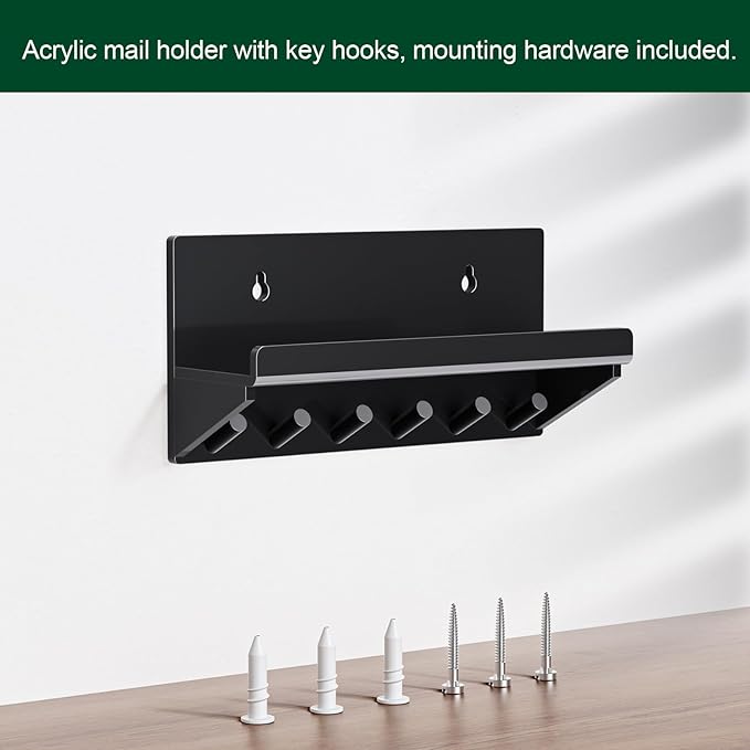 Decorative Acrylic Key Hooks Wall Mount with Shelf - Entryway Key Rack Mail Organizer Living Room Decor (Black)