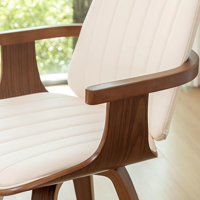 Set of 1 Swivel Dining Chair, Mid Century Modern Dining Chair with Walnut Craftsmanship, Upholstered Faux Leather, Wooden Arms and Legs, Kitchen Chair with Arms for Kitchen/Living Room - Beige