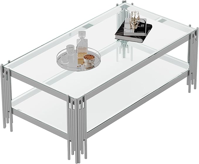 Goujxcy Modern Glass Coffee Table 47" Silver Center Table with Tempered Glass Top and Mirror Finish Stainless Steel Legs, Luxury Rectangular Coffee Table for Living Room Apartment (Silver)