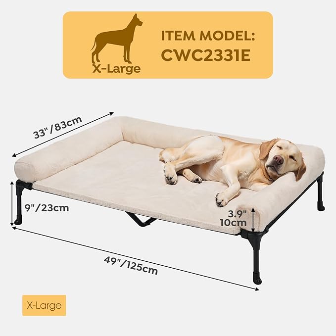 Veehoo Cooling Elevated Dog Bed with Fluffy Plush Bolster Cushion, Indoor Raised Dog Beds for Large Dogs, Soft Pet Sofa Cot with Removable Washable Mat, No-Slip Feet, 49 x 33 inches, Cream White