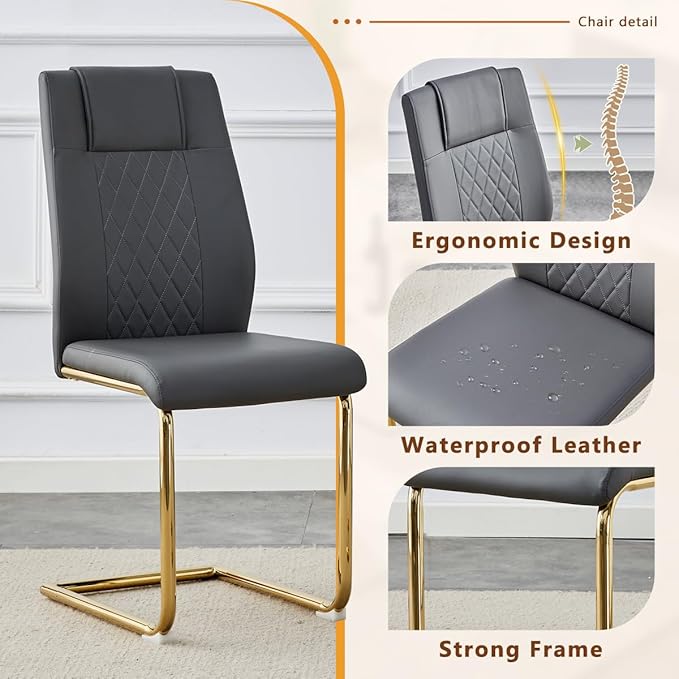 63'' Glass Dining Table Set for 6, Kitchen Table Chairs Set of 6, Clear Glass Dining Table with Black unique design Leg and Gold Metal Base, 6 PU Dining Chairs with Metal Legs, Living Room, Kitchen.