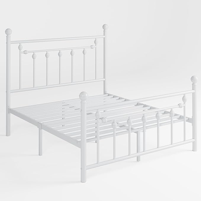 SHA CERLIN 14'' Full Size Metal Platform Bed Frame/Victorian Headboard and Footboard/Steel Slats Mattress Foundation for Storage/No Box Spring Needed/Noise Free/White