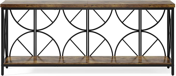 70.9-Inch Extra Long Sofa Table, Narrow Console Table Behind Couch with Storage for Entryway, Living Room, Entrance, Hallway, Foyer, Unique Geometric (Rustic Brown)