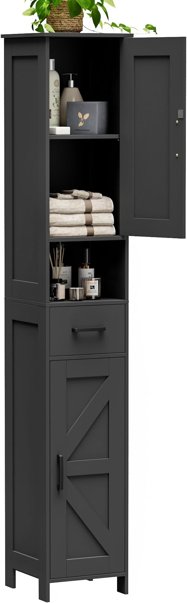 Homhedy 67" H Tall Bathroom Storage Cabinet with 2 Barn Doors and 1 Drawer, Narrow Storage Unit, Adjustable Shelves, Floor Cabinet for Bathroom, Living Room, Entryway, Kitchen, Black, (11.8" W)