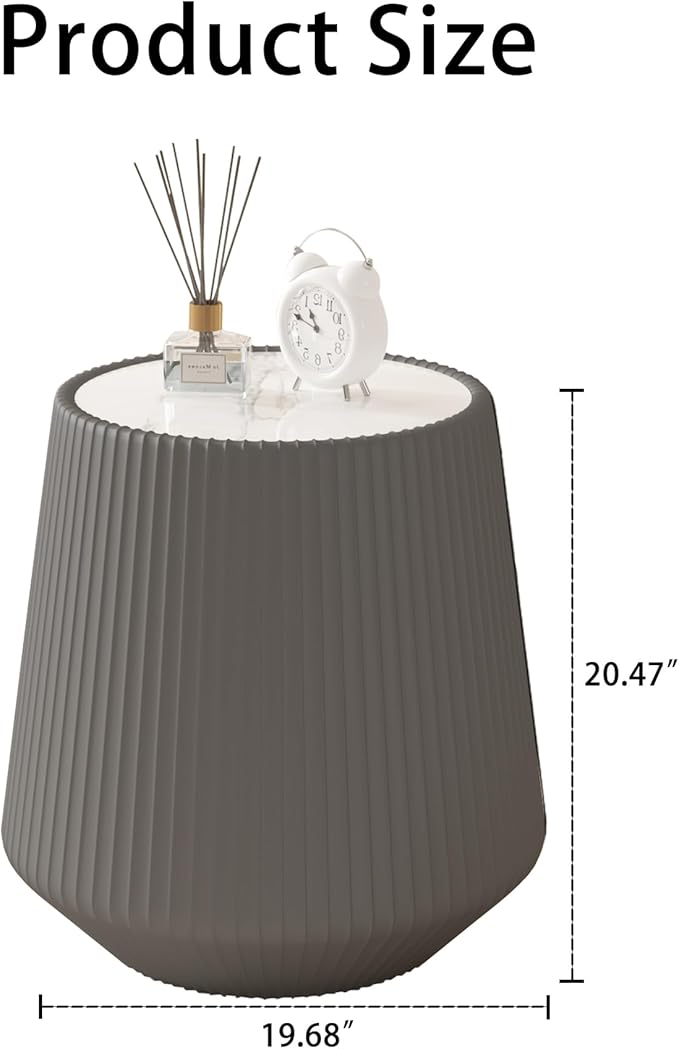 Round Coffee Table Set with Sintered Stone Tabletop, 26.77" Grey Drum Center Table and 19.68" Grey Coffee Table Set, 2 Pieces Living Room Table Set with Fluted PU Leather Cover& Stable Base