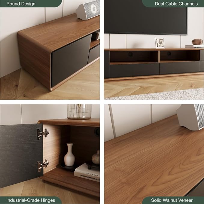 Modern Solid Wood TV Stand, Lowline Media Console with 4 Drawers, Open Storage Cabinet, Walnut Veneer, Fully-Assembled, 78"