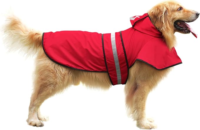 HDE Dog Raincoat Jacket Reflective Adjustable Hooded Pet Poncho Rain Coat with Leash Hole for Small to X-Large Dogs Red - L