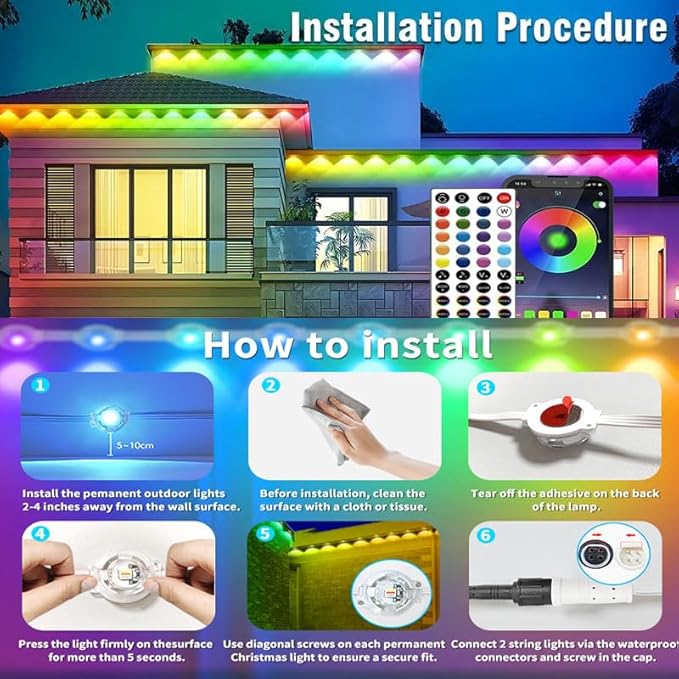 Permanent Outdoor Lights,150ft RGB + IC Smart LED Eaves Lights with App & Remote Control, IP67 Waterproof,for Christmas and All Holiday Decor,Daily and Accent Lighting,House Roof and Garden Lighting