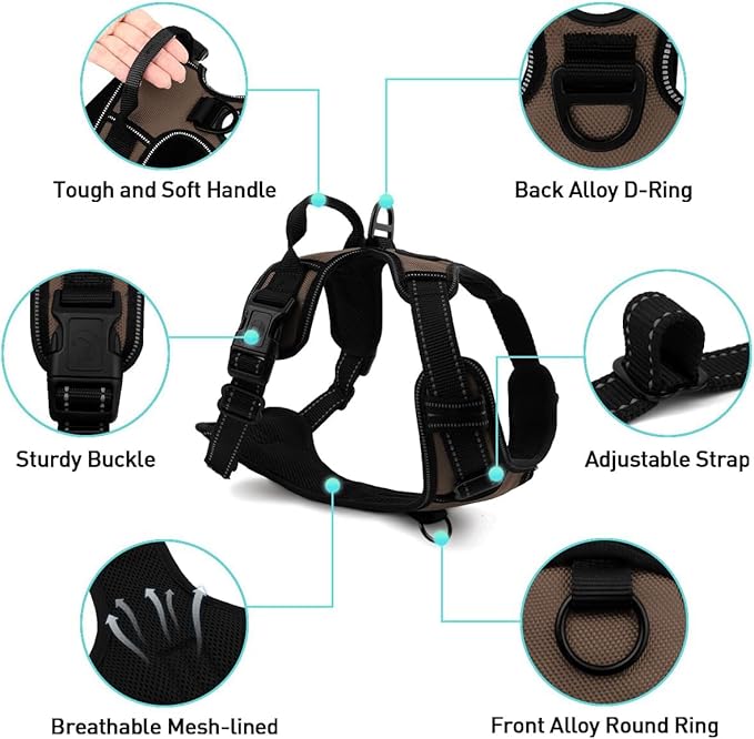 Joytale No Pull Dog Harness Medium Sized Dog, Reflective Pet Vest with Front Clip, Adjustable Soft Padded Harnesses with Easy Control Handle for Training and Walking, Brown, M