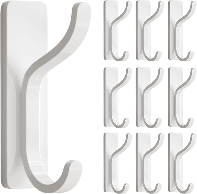 pickpiff 10-Pack Adhesive Wall Coat Hooks - Heavy Duty Stick-On Door Hanger, Metal Hook for Hanging Towel,Purse, Robe, Backpack, Jacket, Clothes - for Bathroom,Dorm, Closet, Kitchen - White