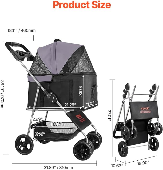 VEVOR Pet Stroller, 35 lbs Weight Capacity, Foldable Dog Stroller Cart, 4 Wheels Cats Strollers with with Detachable Carrier & Mesh Windows, Portable Design with Brake for Small to Medium Pets