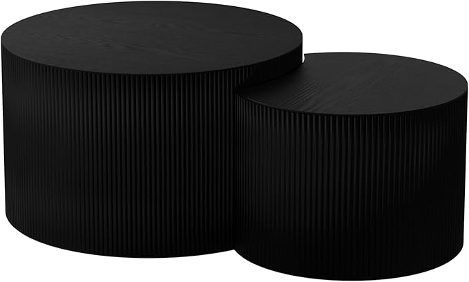 Round Nesting Coffee Table Set 2 Piece, Modern DrumStackable Side Table for Living Room/Bedroom Small, Space-Saving Accent Furniture with Scratch-Resistant Design (A Black 27.56 in)