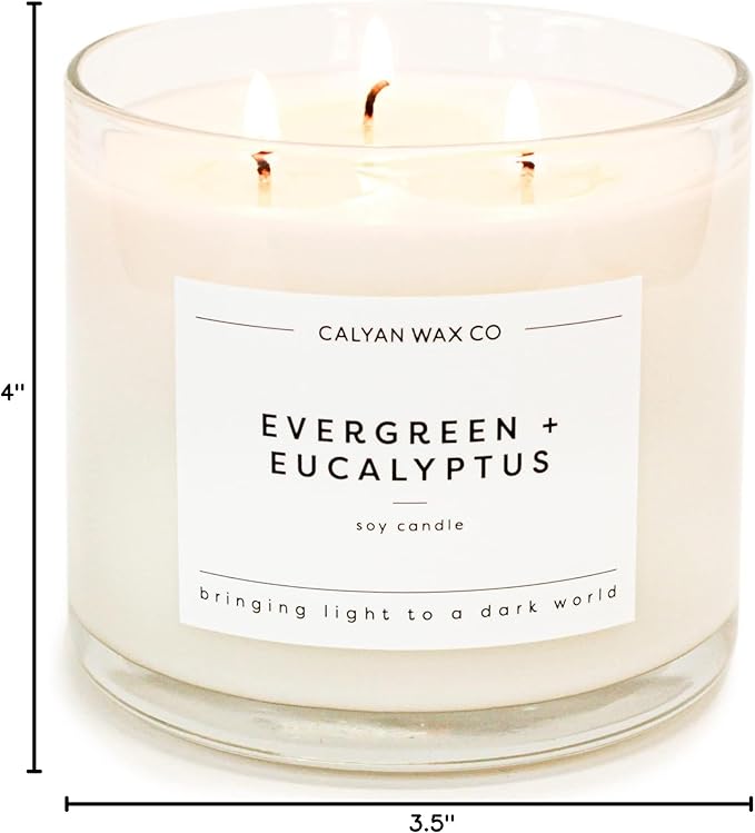 Calyan Wax Co. Evergreen & Eucalyptus 3 Wick Scented Candle - 43 Hour Burn - Luxury 3 Wick Soy Candles - Non Toxic Soy Wax Candles - Long Lasting Large Glass Jar Candle for Home - 14.9oz