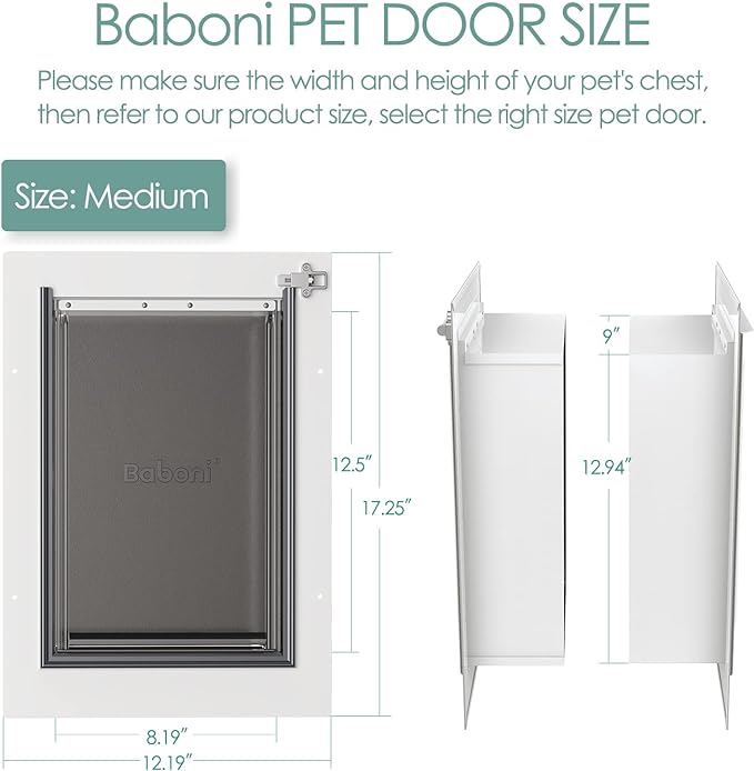 Baboni 3-Flap Pet Door for Wall, Steel Frame and Telescoping Tunnel, Aluminum Lock, Double Flap Dog Door and Cat Door, Strong and Durable (Pets Up to 40 Lb) -Medium