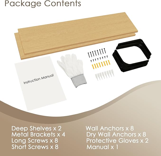 DINZI LVJ Long Wall Shelves, 31.5 Inch Wall Mounted Shelves Set of 2, Easy-to-Install, Floating Storage Ledges with Sturdy Metal Brackets for Living Room, Bathroom, Bedroom, Kitchen, Natural