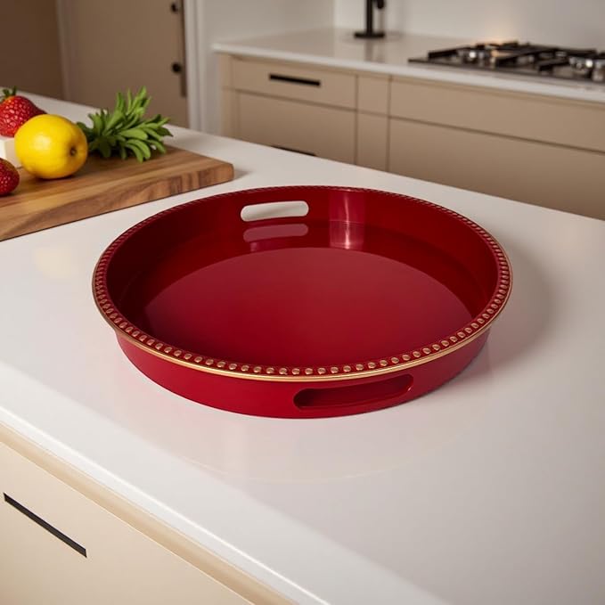 Red Decorative Tray for Coffee Table, Round Beaded Plastic Serving Tray forKitchen Counter, Ottoman, Living Room,(13")