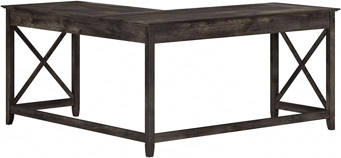 Bush Furniture Key West 60W Modern Farmhouse L Shaped Desk in Dark Gray Hickory, 60-Inch Corner Computer Table for Home Office Workspace