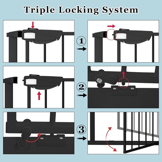 WAOWAO Triple Lock 29.72-47.24" Baby Gate Extra Wide Pressure Mounted Walk Through Swing Auto Close Safety Black Metal Dog Pet Puppy for Stairs,Doorways,Kitchen