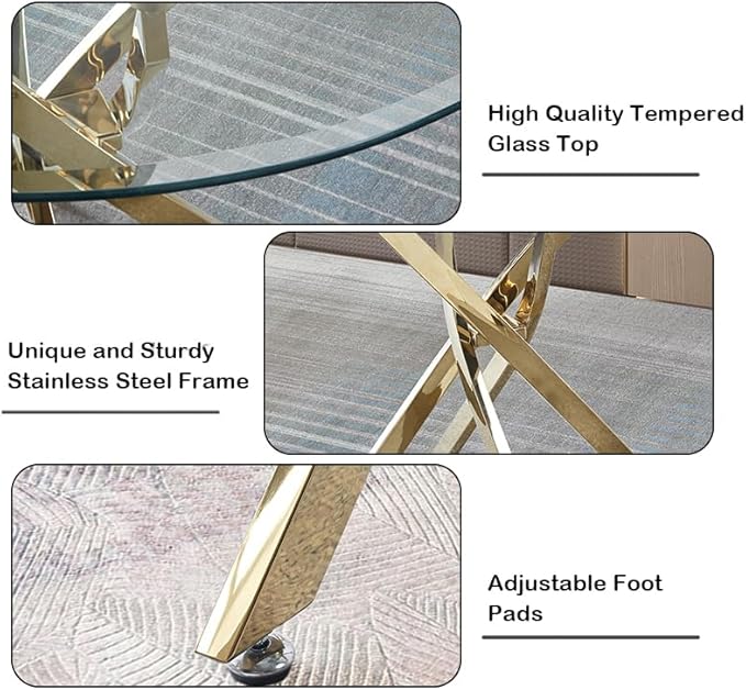 Goujxcy 3 Piece Round Glass Dining Table Set for 2, 36" Round Dining Table & Chair Set Modern Circle Glass Kitchen Table and 2 Velvet Upholstered Chairs for Kitchen Dining (Gold Table & Blue Chair)