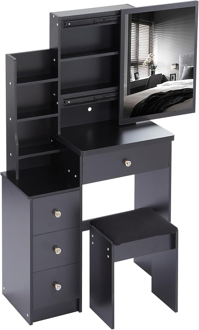 Small Makeup Vanity Desk with Mirror, Small Vanity Desk Set with Hidden Chair, Compact Vanities Table with Compact Space Storage Stool, 4 Drawers, Storage Shelves for Bedroom, Black