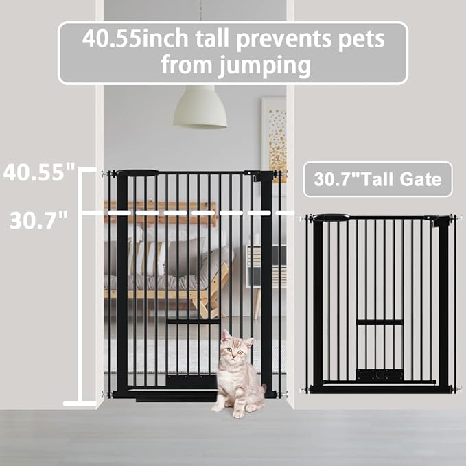 40.55" Tall 1.37" Ultra Narrow Spacing Dogs Pets Baby Gate with Door for Doorway Cat Safety Proof Indoor Extra 30.12-34.06" Wide Puppy Pressure Mounted No Drill White Black Metal Hallway