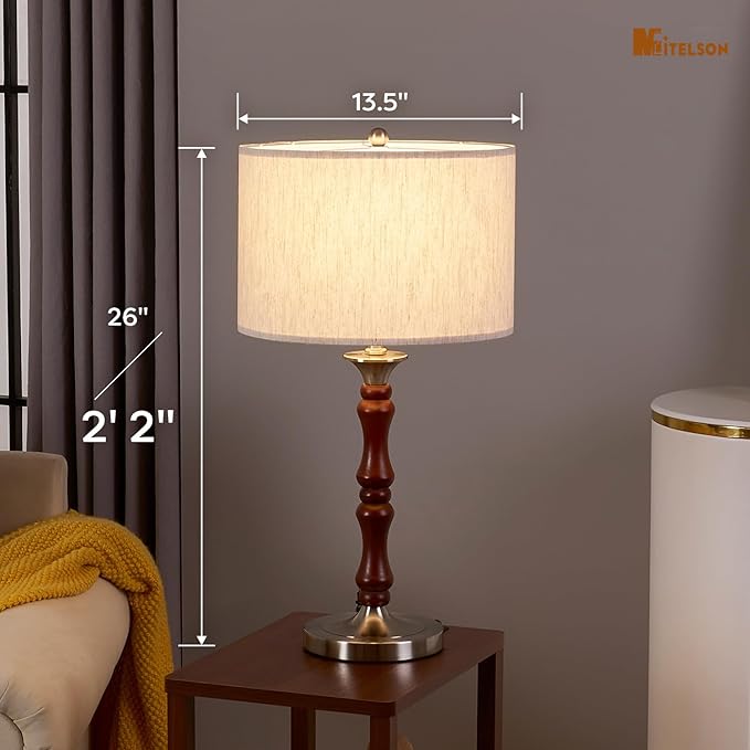 Bedside Table Lamp for Bedroom, Modern Desk Lamp with Dimmable Switch and Bulb, Minimalist Night Stand Light Lamp with Fabric Shade, Desk Reading Lamp for Kids Room Living Room Office