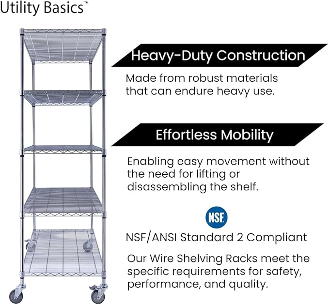 NSF Commercial 5-Tier Wire Shelving with Wheels, 48"x24"x72" Heavy Duty Metal Shelves 4000 lbs Max Capacity, Chrome Storage Rack for Garage Kitchen Pantry Warehouse