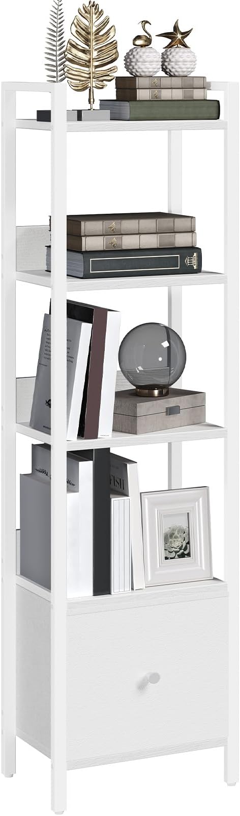 Bookshelf, 5-Tier Bookcase with Drawer, Small Book Shelf for Small Space, Storage Shelf Organizer, for Living Room, Bedroom, Study, Kitchen, White BKWT55101