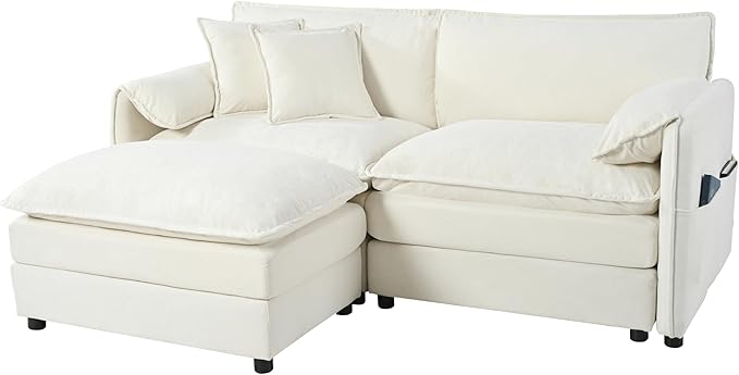 Loveseat Deep Seat Sectional Sofa Cloud Couch, Modern Chenille Comfy Upholstered Modular L Shaped Couch for Living Room, Apartment, Office (White, 75.59 Inch-L Shape)