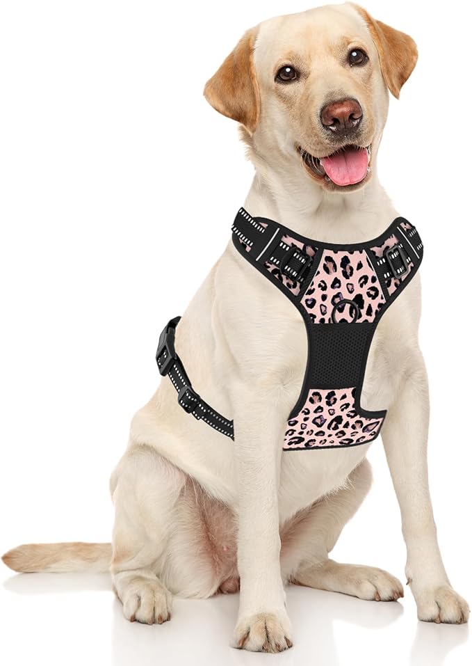 Rnivvi No Pull Dog Harness, Cute Leopard Reflective X-Large Sized Puppy Harness, Adjustable Soft Padded Vest for Large Dogs, Heavy Duty Pet Vest with Easy Control Handle for Walking Training, Pink